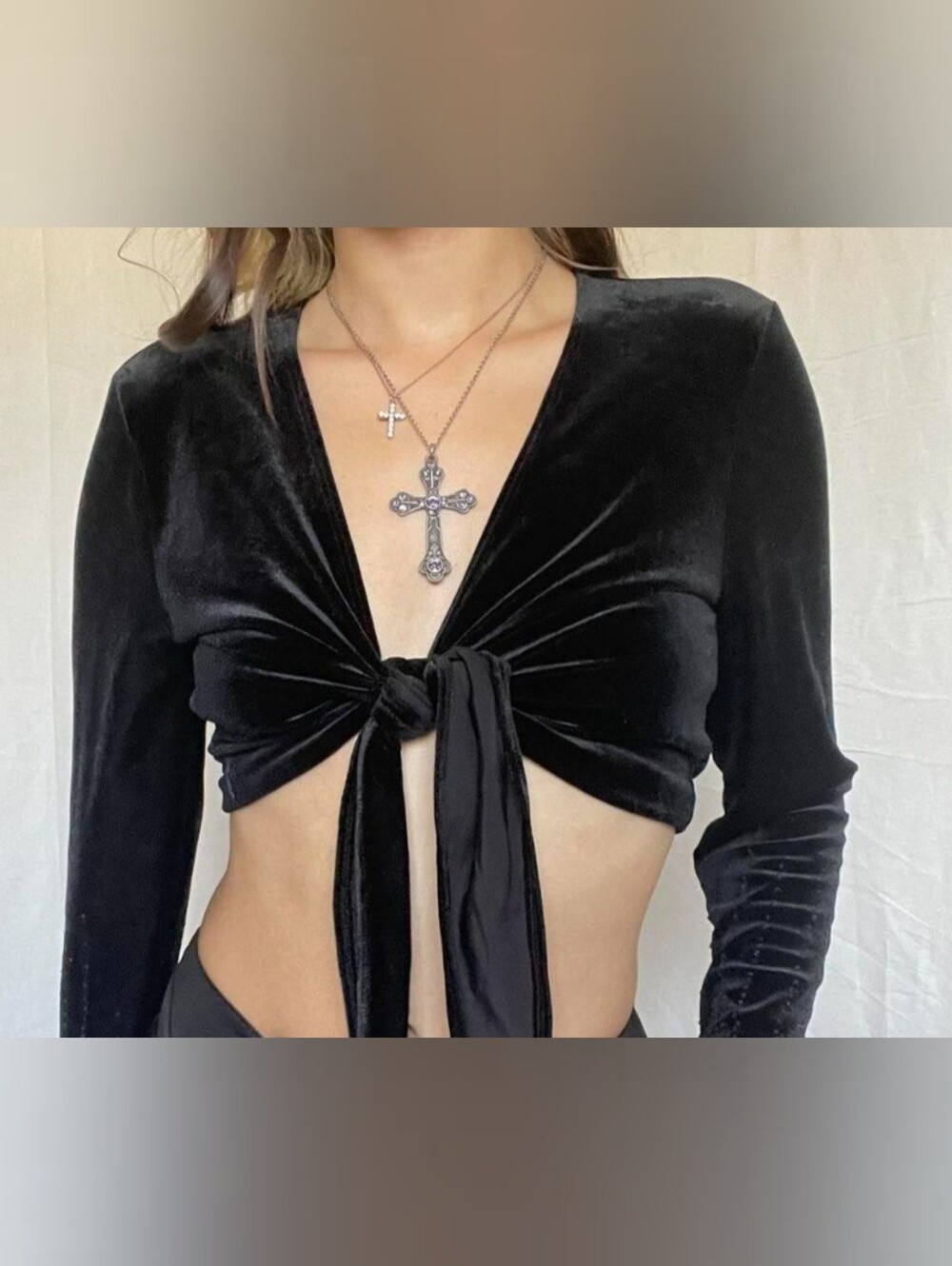Ninety Black Velvet Tie-Front Crop Top